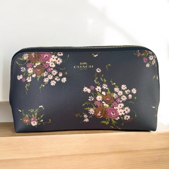 COACH Floral Midnight Multi Leather Large Cosmetic Travel Pouch Bag Case - Picture 1 of 12